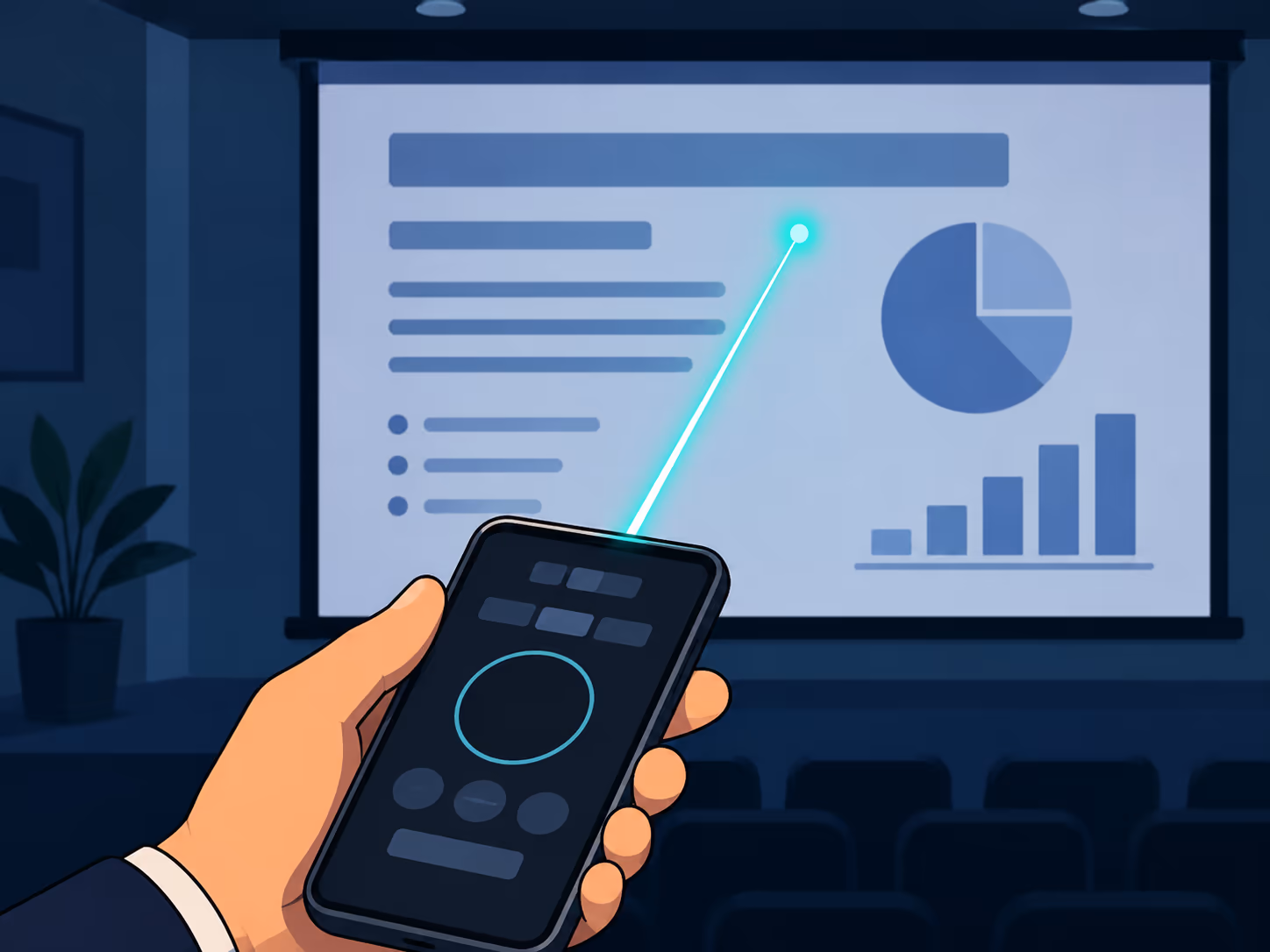 A hand holding a phone whose laser dot lands on a slide on a presentation screen