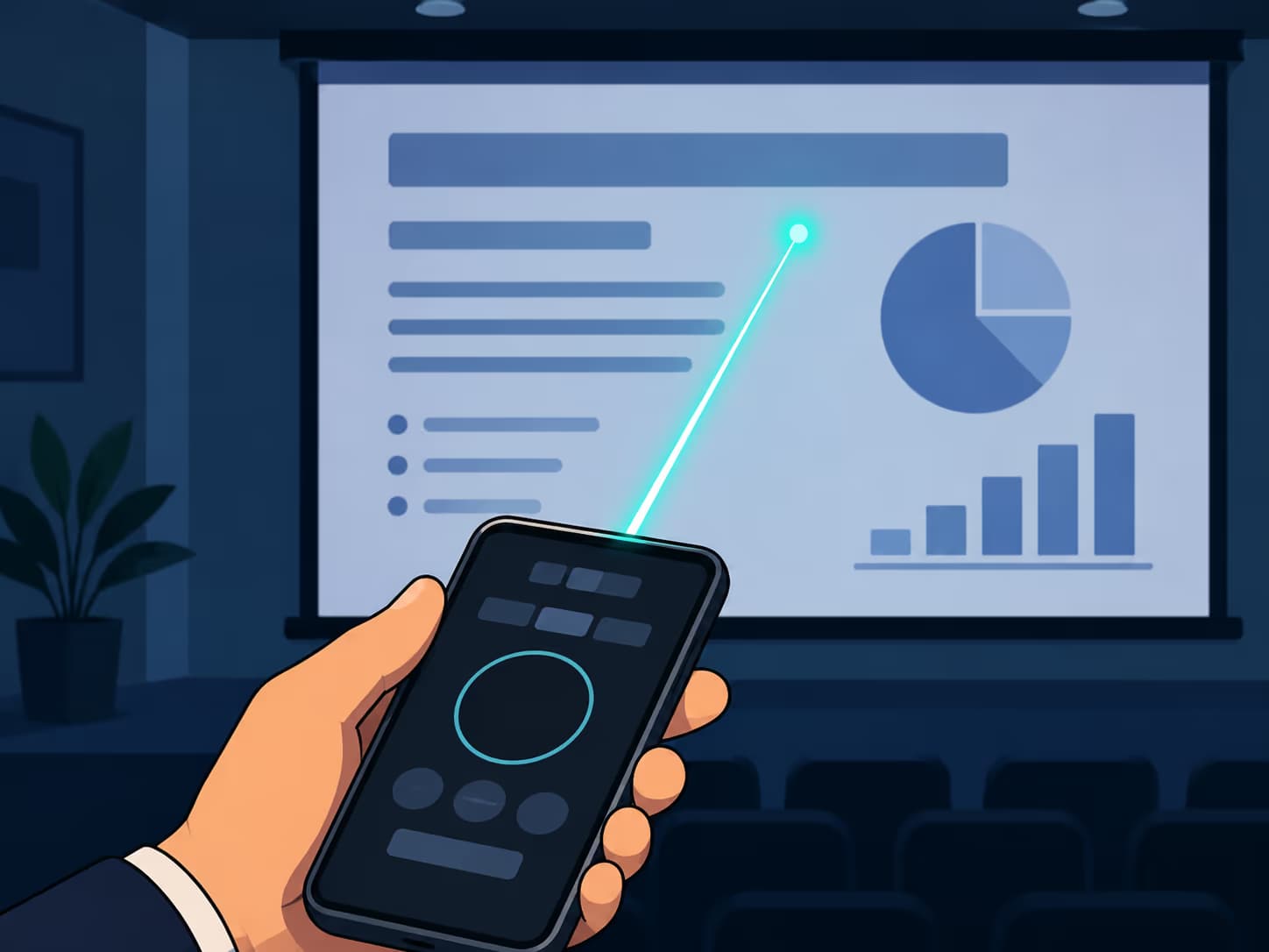 A hand holding a phone whose laser dot lands on a slide on a presentation screen